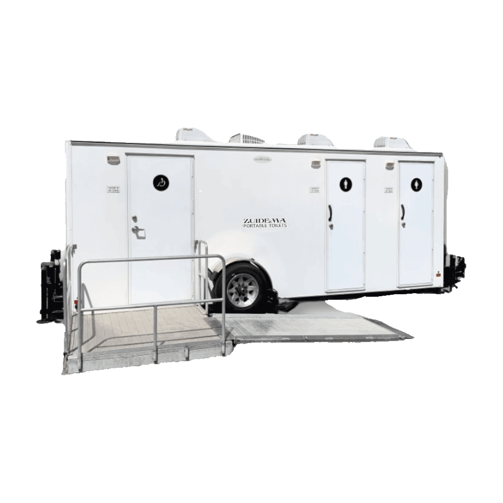 Close-up of an ADA stall trailer for rental available at Zuidema in New York & New Jersey.