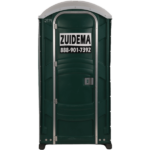A green Zuidema portable toilet available to rent in New York & New Jersey